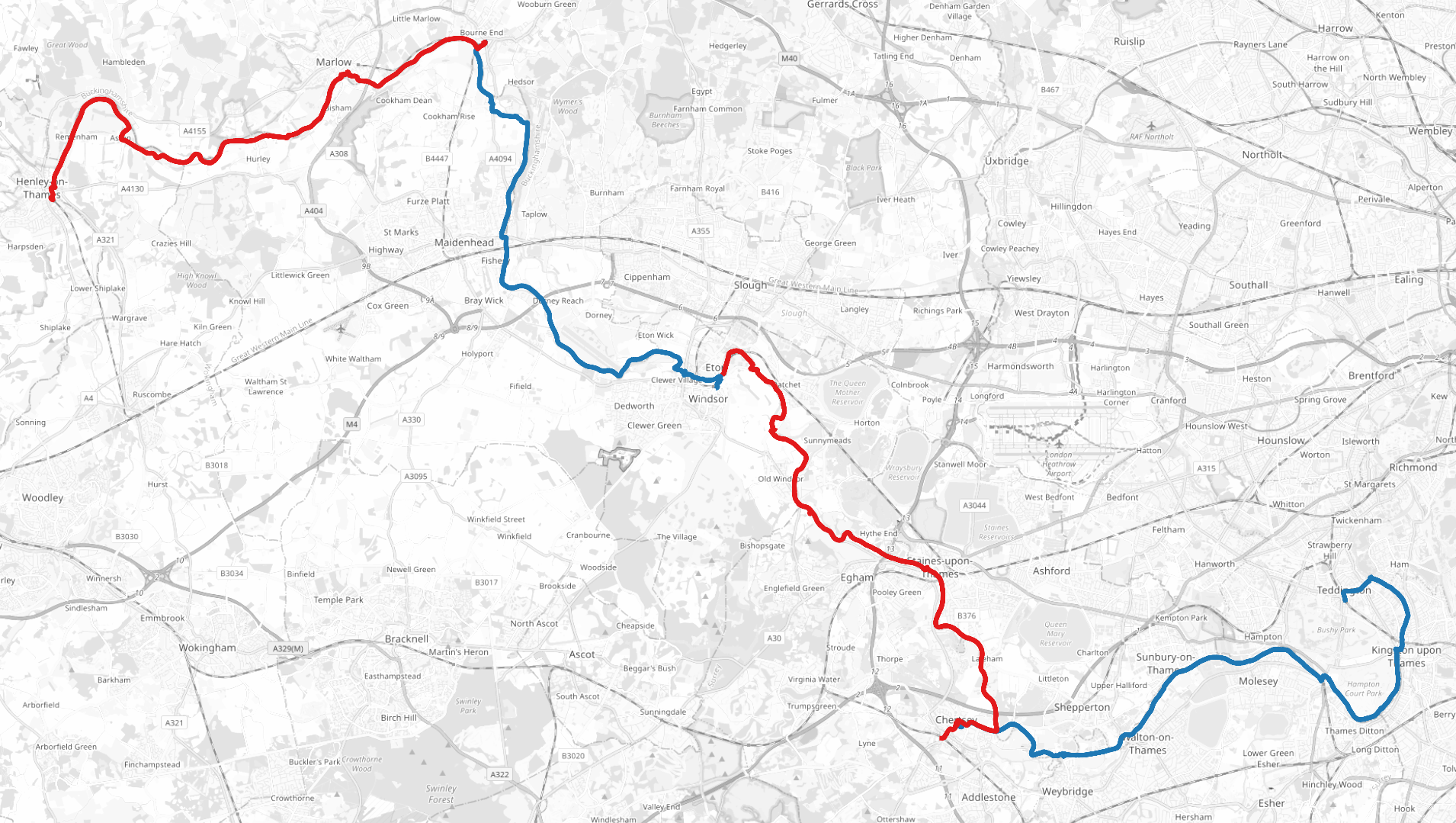 Teddington to Henley-on-Thames (OpenStreetMap)
