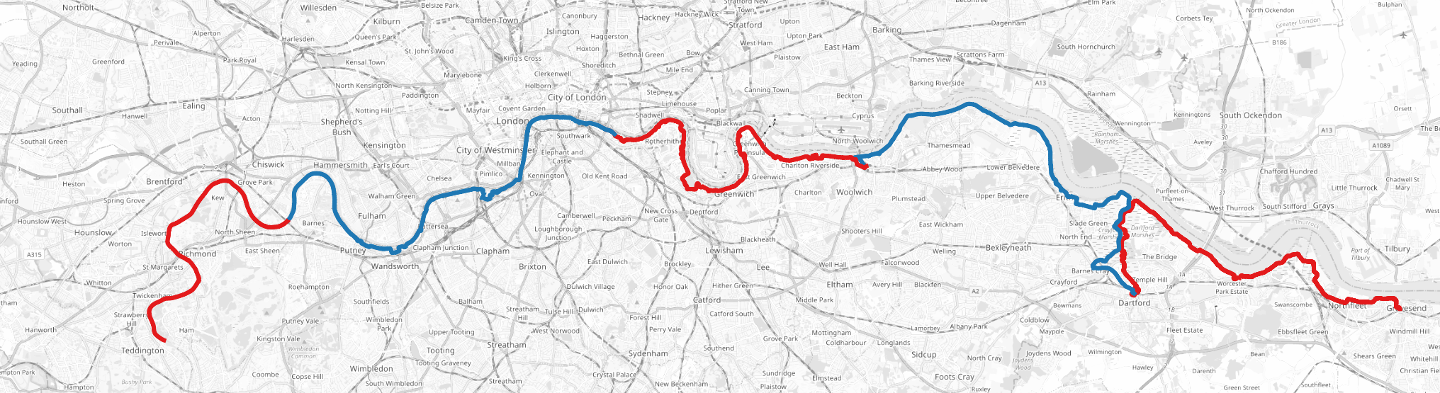 Teddington to Gravesend (OpenStreetMap)